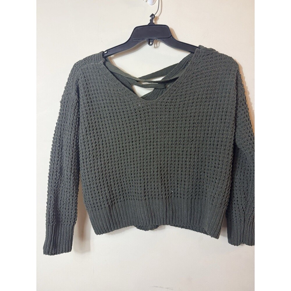 belle du jour Open-Knit Lace-Up V-Neck Pullover Sweater Gray XS